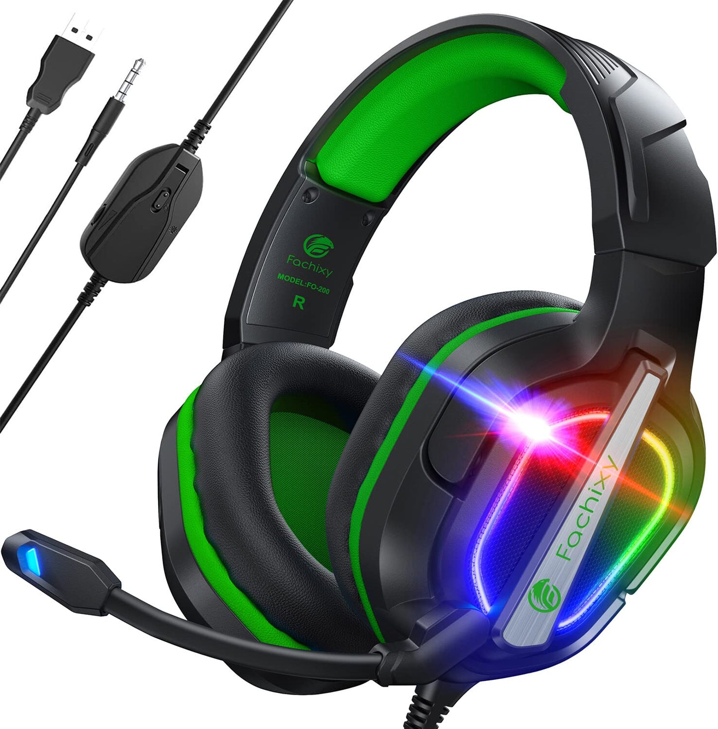 Fachixy FC200 PC Gaming Headset for PS4, PS5, Switch, Xbox One, Mac, Noise Canceling Headphones with Microphone, Computer Headset with 3.5mm Jack & RGB Light