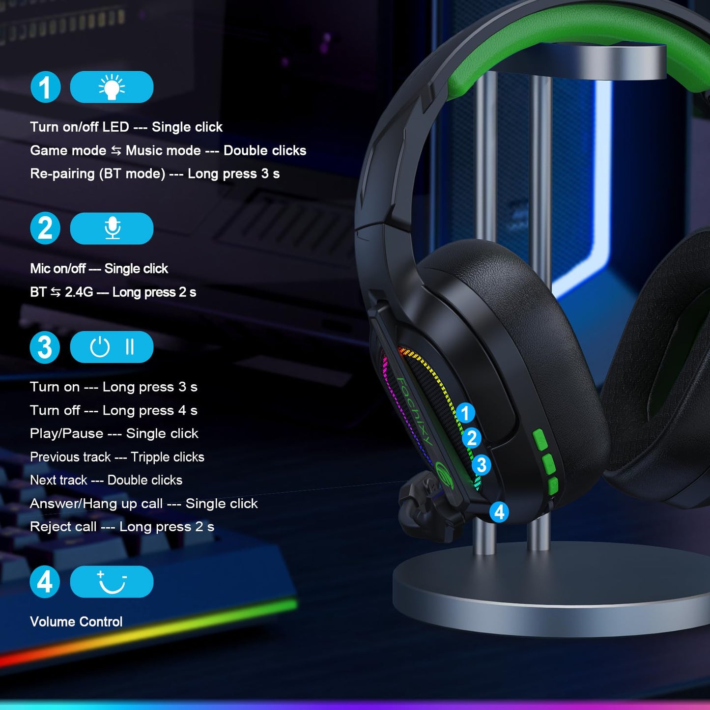Fachixy FC200 PC Gaming Headset for PS4, PS5, Switch, Xbox One, Mac, Noise Canceling Headphones with Microphone, Computer Headset with 3.5mm Jack & RGB Light
