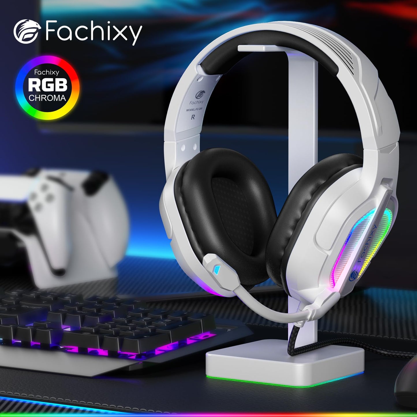 Fachixy FC200 PC Gaming Headset for PS4, PS5, Switch, Xbox One, Mac, Noise Canceling Headphones with Microphone, Computer Headset with 3.5mm Jack & RGB Light