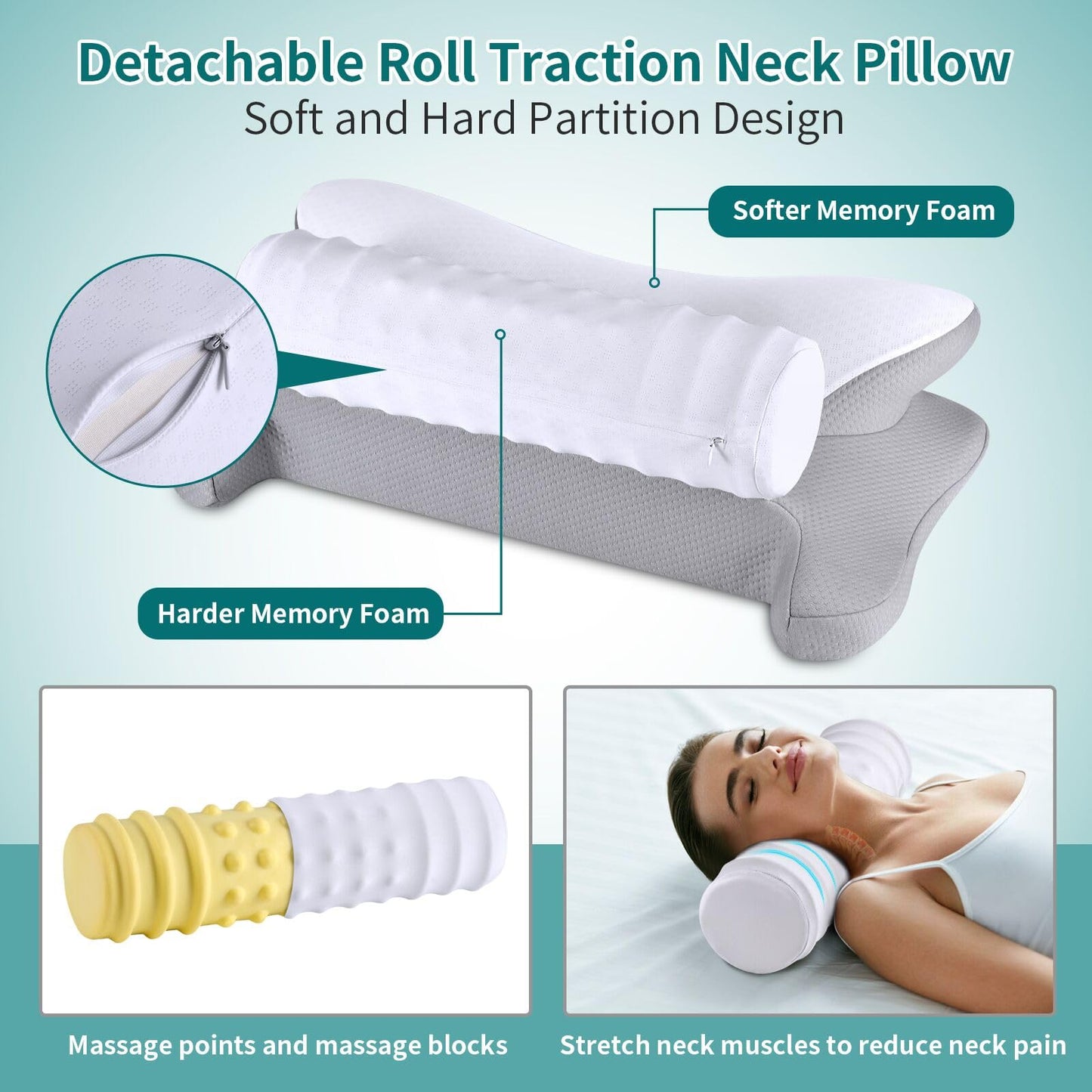 onesmile Cervical and Roll Neck Pillow-2 in 1 Removable Ergonomic for Pain Relief, Support for Sleeping, Memory Foam for Side, Back & Stomach Sleepers (Grey)