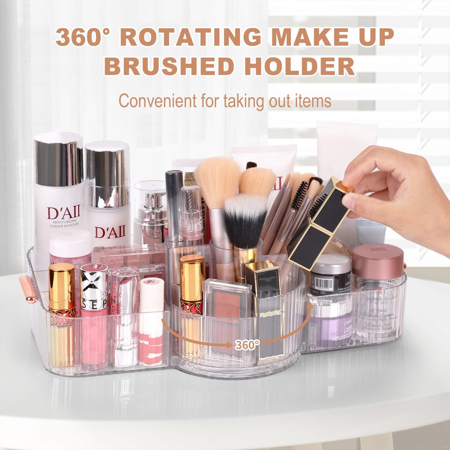 Countertop Makeup Organizer, Large Capacity Rotating Cosmetic Display Case for vanity, Spacious Makeup Skincare Storage Organizer with Makeup Brush Holder for Countertop (Cream)