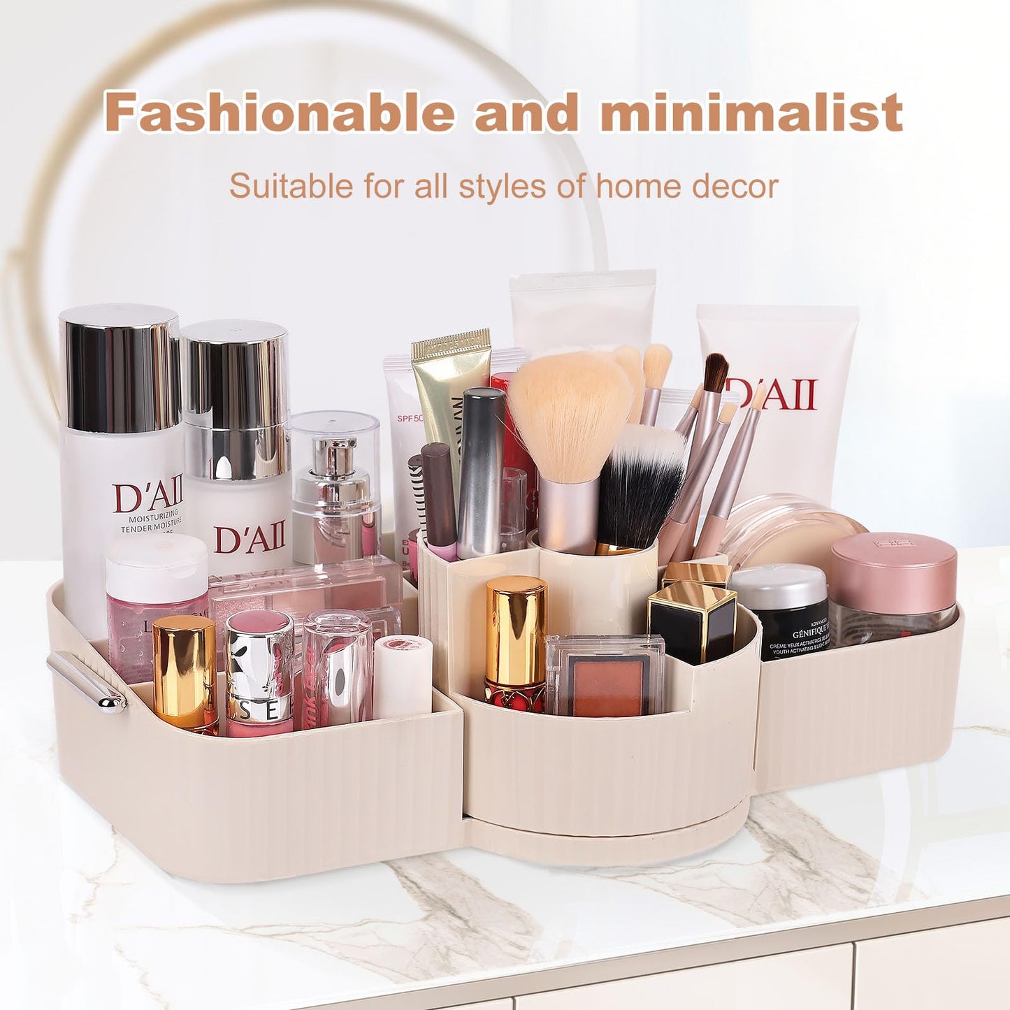 Countertop Makeup Organizer, Large Capacity Rotating Cosmetic Display Case for vanity, Spacious Makeup Skincare Storage Organizer with Makeup Brush Holder for Countertop (Cream)