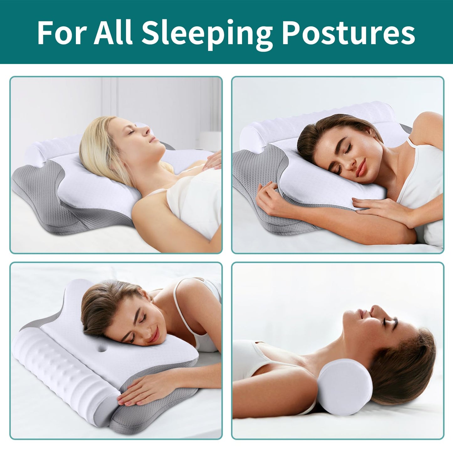 onesmile Cervical and Roll Neck Pillow-2 in 1 Removable Ergonomic for Pain Relief, Support for Sleeping, Memory Foam for Side, Back & Stomach Sleepers (Grey)