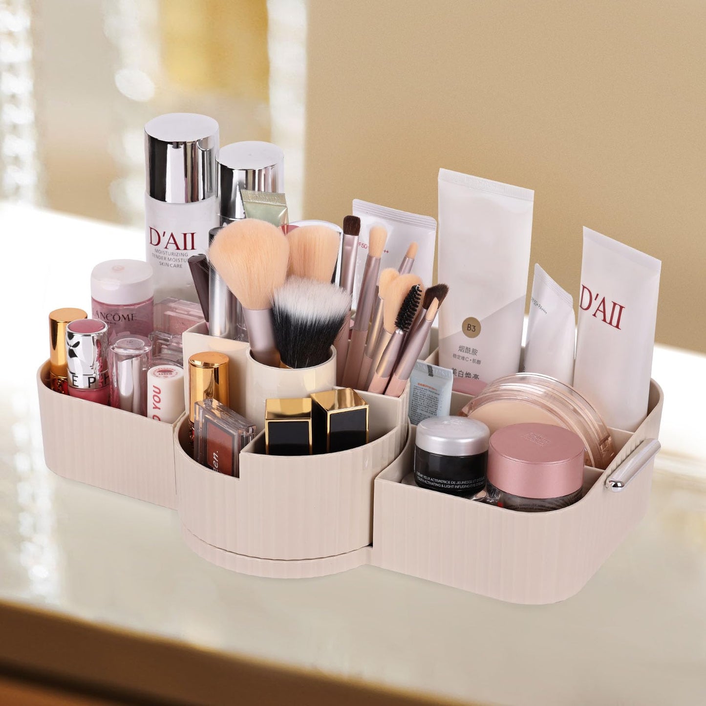 Countertop Makeup Organizer, Large Capacity Rotating Cosmetic Display Case for vanity, Spacious Makeup Skincare Storage Organizer with Makeup Brush Holder for Countertop (Cream)