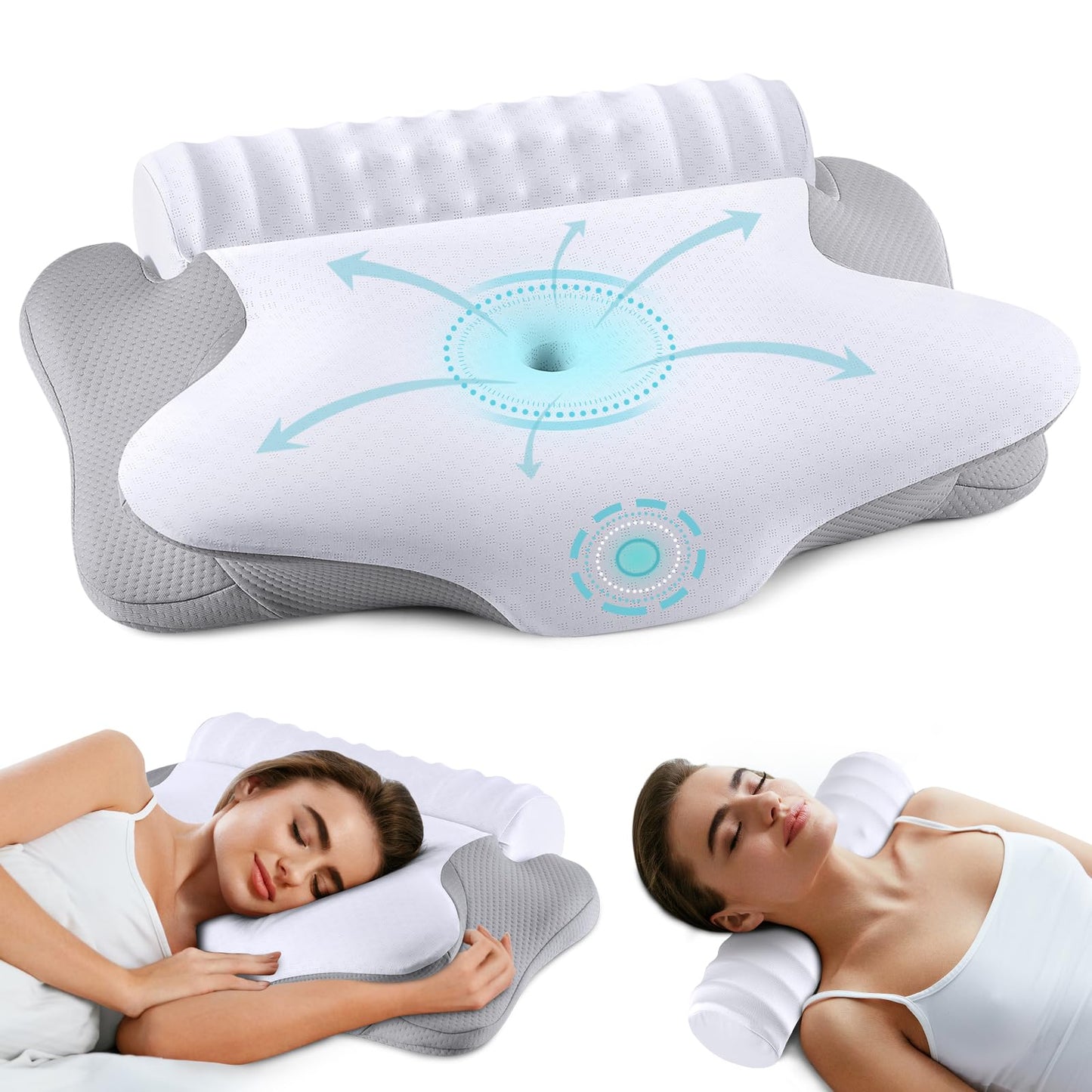 onesmile Cervical and Roll Neck Pillow-2 in 1 Removable Ergonomic for Pain Relief, Support for Sleeping, Memory Foam for Side, Back & Stomach Sleepers (Grey)