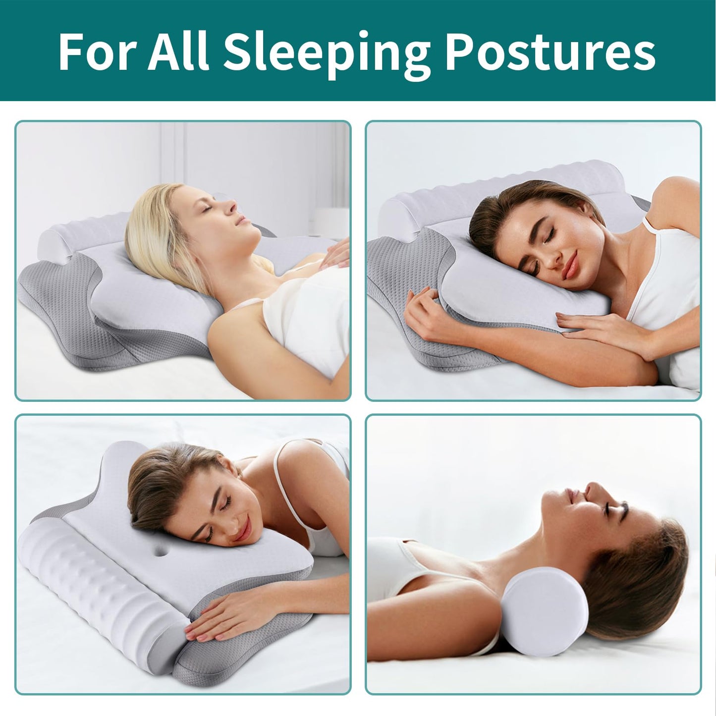 onesmile Cervical and Roll Neck Pillow-2 in 1 Removable Ergonomic for Pain Relief, Support for Sleeping, Memory Foam for Side, Back & Stomach Sleepers (Grey)