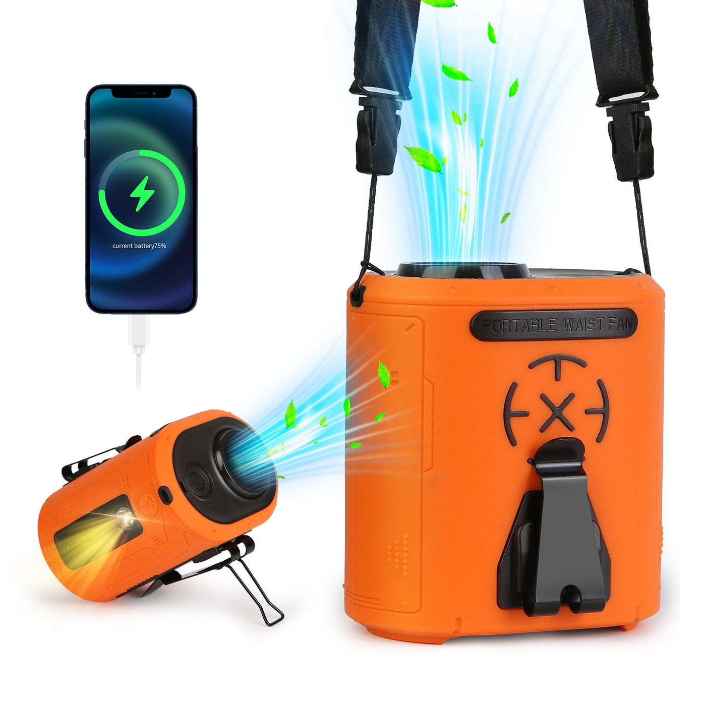 1Pc 5 In 1 Portable Waist Clip Fan With 5 Speeds Flashlight 1WmAh Battery Operated Personal Wearable Turbo Belt Fan Hands-Free Neck Fan For Camping Travel Job Site