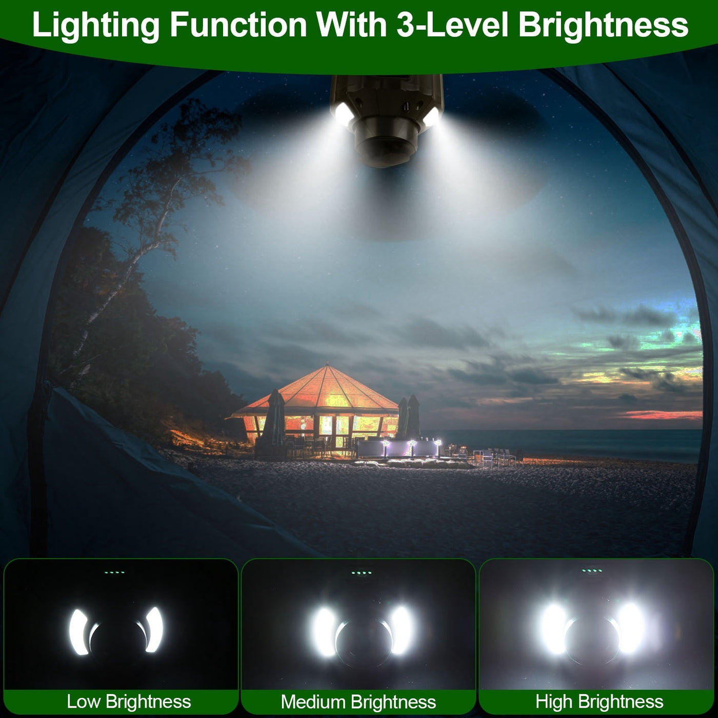 Portable Camping Ceiling LED Fan 10400mAh USB Battery Powered Hanging Tent Lantern Fan Power Bank With 3 Fan Speed 3 Light Brightness Smart Timer Remote Control