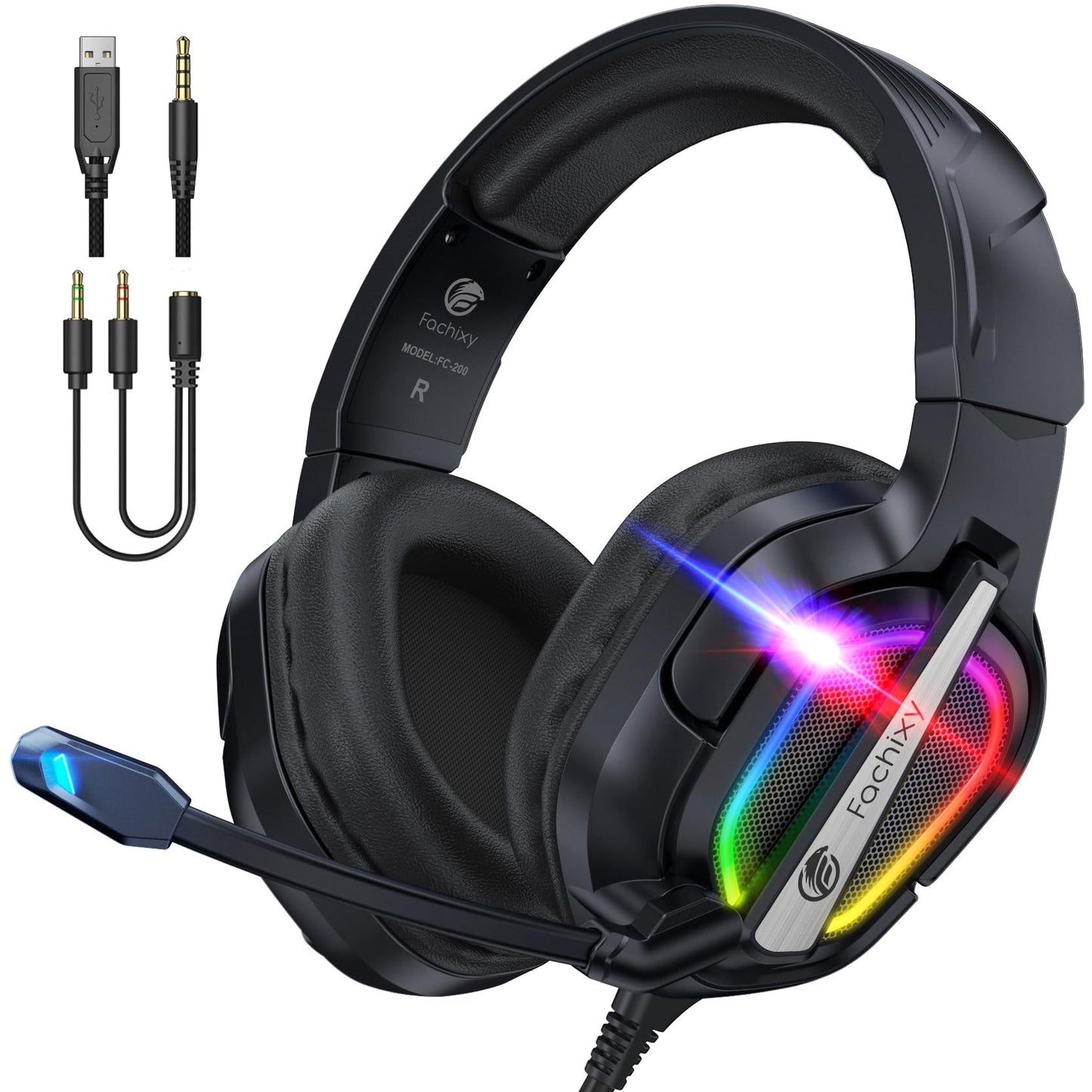 Fachixy FC200 PC Gaming Headset for PS4, PS5, Switch, Xbox One, Mac, Noise Canceling Headphones with Microphone, Computer Headset with 3.5mm Jack & RGB Light