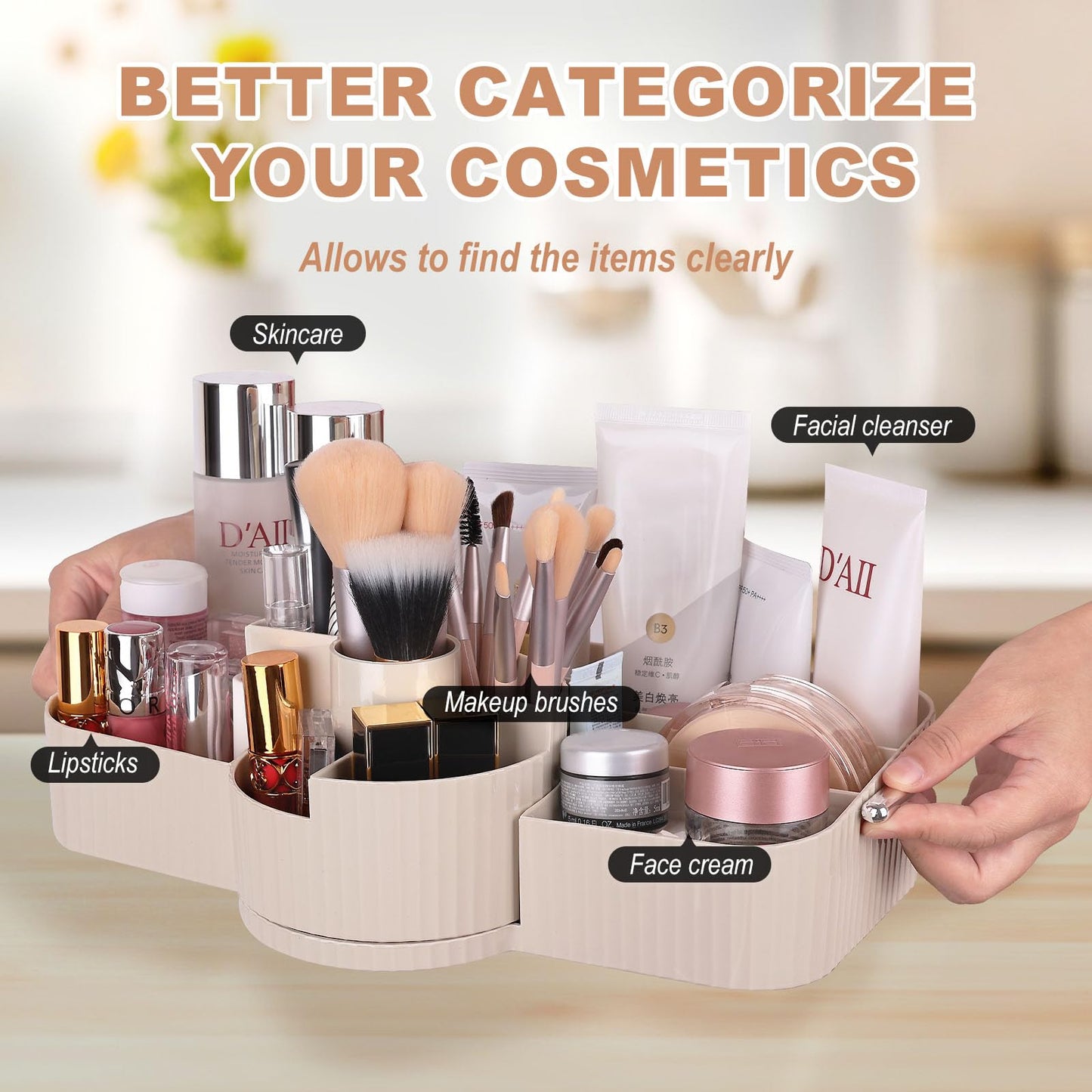 Countertop Makeup Organizer, Large Capacity Rotating Cosmetic Display Case for vanity, Spacious Makeup Skincare Storage Organizer with Makeup Brush Holder for Countertop (Cream)
