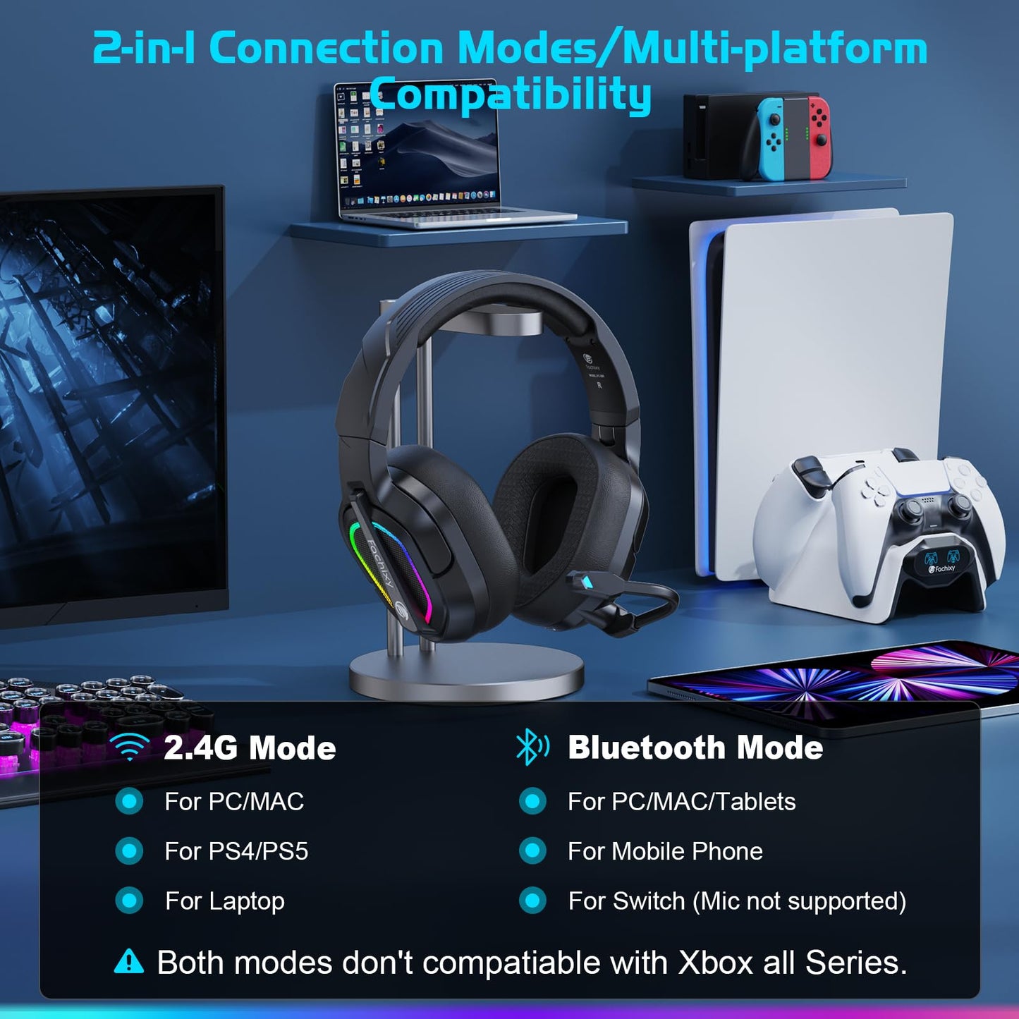 Fachixy FC200 PC Gaming Headset for PS4, PS5, Switch, Xbox One, Mac, Noise Canceling Headphones with Microphone, Computer Headset with 3.5mm Jack & RGB Light