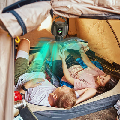 Portable Camping Ceiling LED Fan 10400mAh USB Battery Powered Hanging Tent Lantern Fan Power Bank With 3 Fan Speed 3 Light Brightness Smart Timer Remote Control